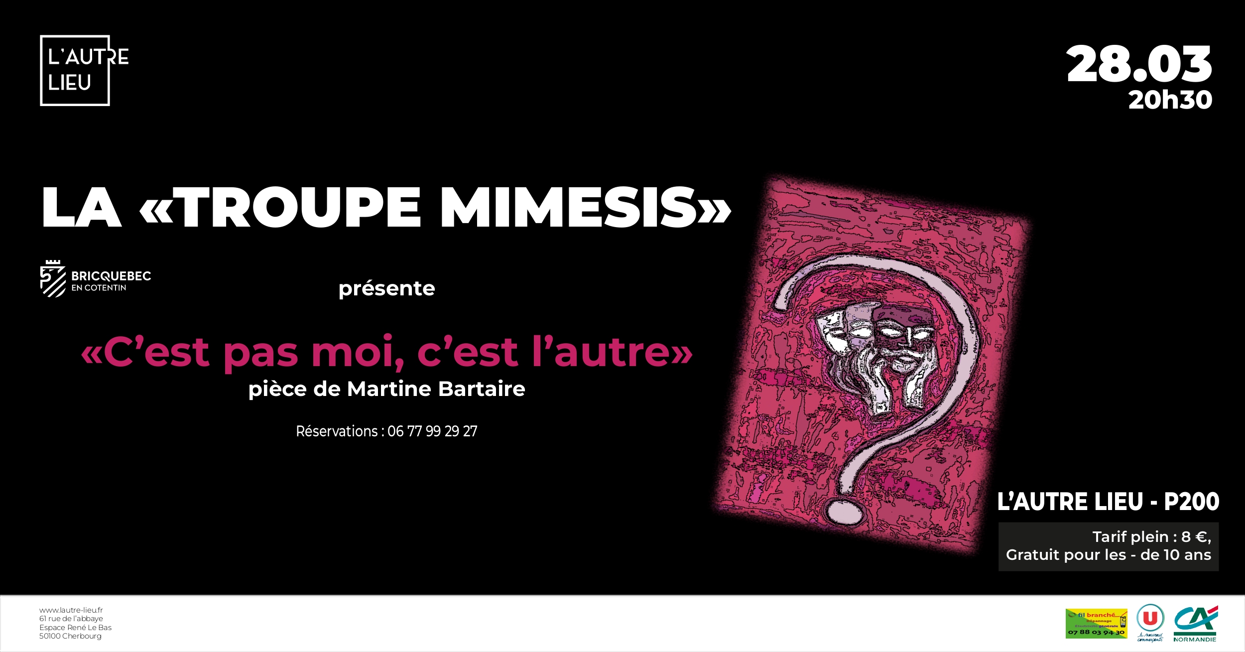 Le vendredi 28 mars prochain, venez assister à la pièce de théâtre “C’est pas moi, c’est l’autre” de Martine Bartaire au P200 à L’Autre Lieu. Un homme vieillissant veut retrouver un physique jeune et décide de faire de la chirurgie esthétique. Il fait appel au Docteur Gérard, un excentrique radié de l'ordre des médecins et pratiquant la chirurgie esthétique d'une manière peu orthodoxe…