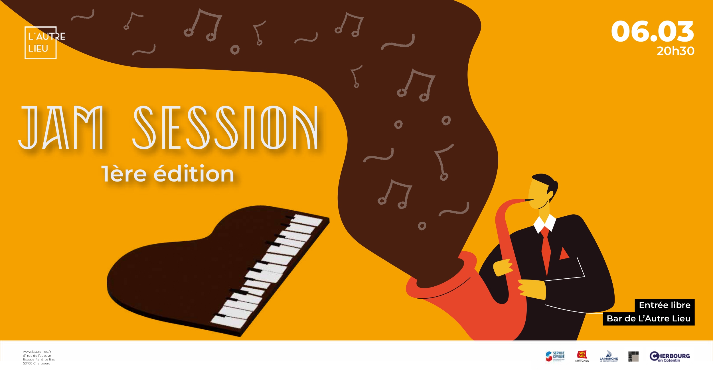 Venez vibrer au rythme de la musique lors de la toute première Jam Session Jazz au bar de L’Autre Lieu ! 🎷🎸 Que vous soyez musicien amateur ou confirmé, cette soirée est une occasion unique de venir improviser, expérimenter et partager votre passion pour la musique avec d'autres artistes dans une ambiance conviviale et décontractée. Laissez-vous emporter par des sonorités jazz, blues et groove, le tout accompagné par des musiciens passionnés et talentueux. Laissez-vous surprendre par les échanges musicaux, l’âme du jazz, et la magie de l’improvisation ! Une soirée idéale pour découvrir ou redécouvrir la beauté de la musique live.